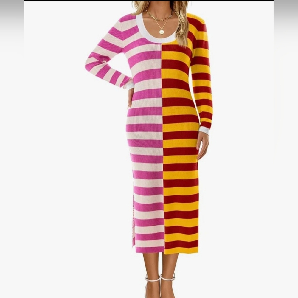 Womens Long Sleeve Striped Dress Knitted Scoop Neck Casual Maxi Sweater Small